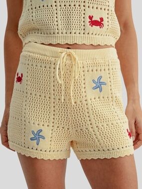 Lush Beach Embroidered Drawstring Knit Shorts - Butter Yellow
